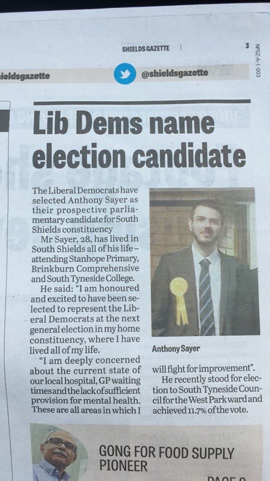 Anthony Sayer selection coverage - via North East Lib Dems Facebook page