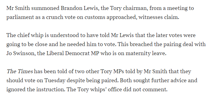 The Times story on how Conservative Chief Whip broke pairing arrangements
