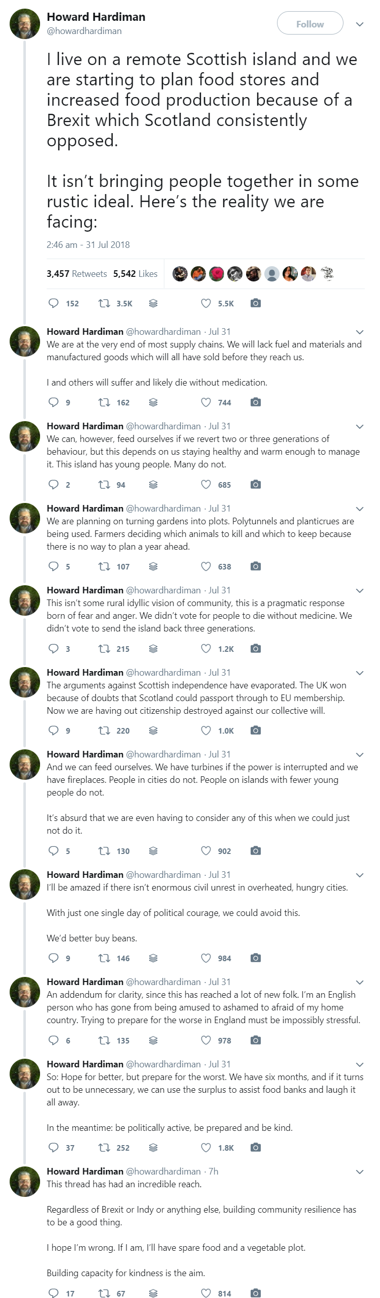 Howard Hardiman's tweets about stockpiling food for Brexit in Scotland