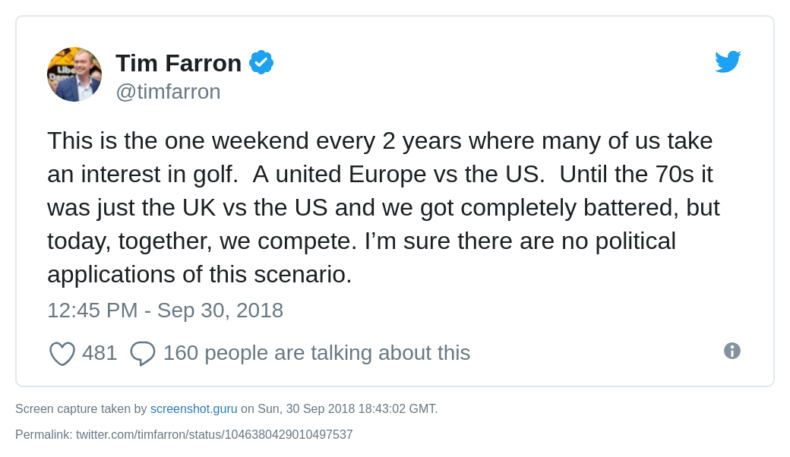 Tim Farron on the Ryder Cup