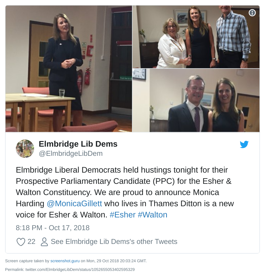 Elmbridge Lib Dems announce selection of Monica Harding on Twitter