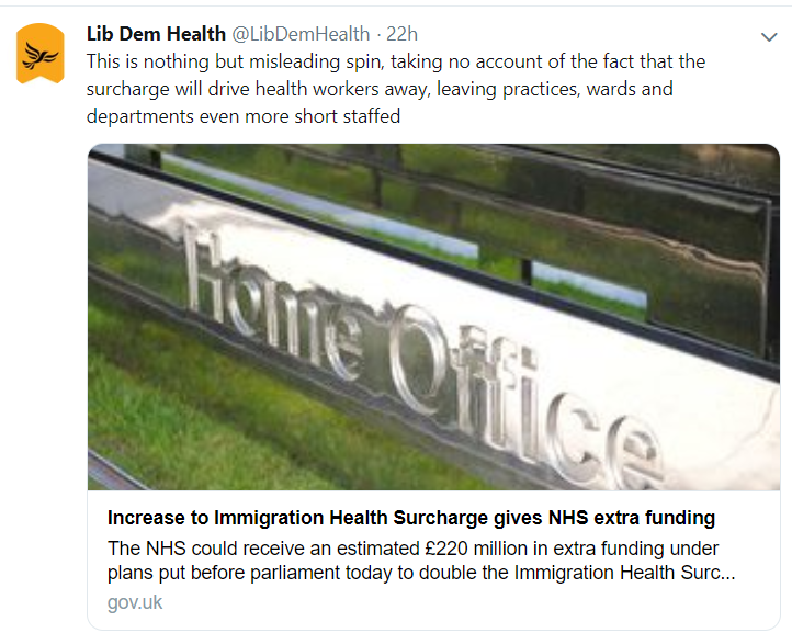 Tweet about NHS funding from the Lib Dem Health team