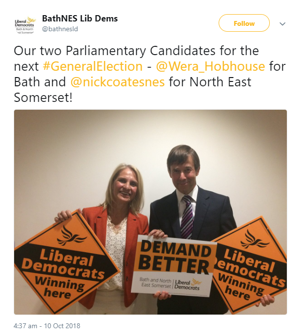 Wera Hobhouse and Nick Coates with Lib Dem posters