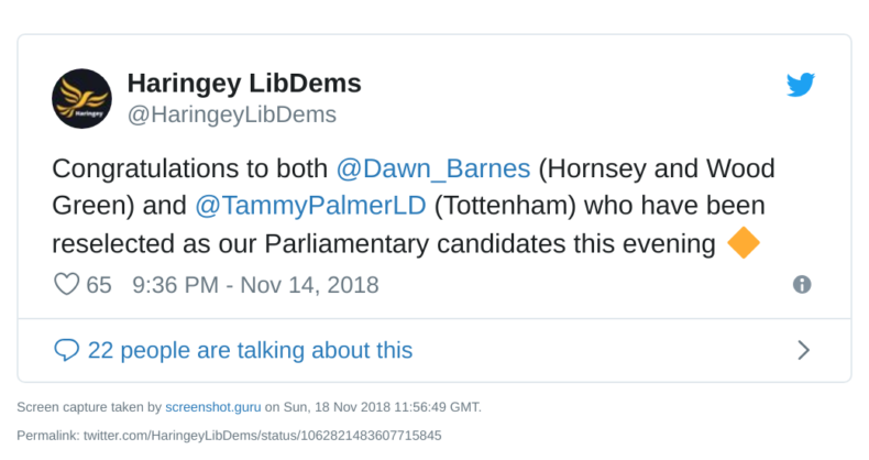 Haringey Lib Dem tweet about Dawn Barnes and Tammy Palmer being selected