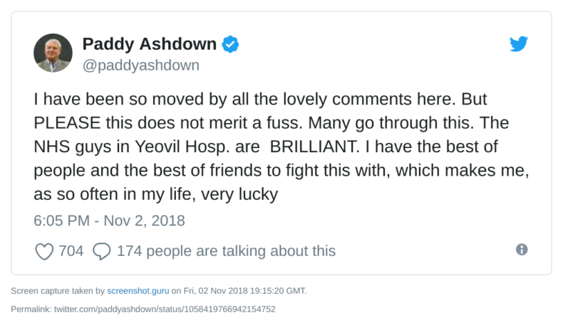 Paddy Ashdown praising the quality of his cancer treatment