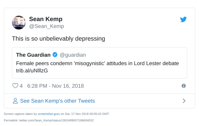 Sean Kemp tweet saying how depressing the behaviour of some Lib Dem peers is in the Anthony Lester case