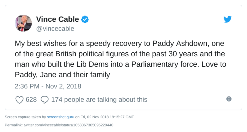 Vince Cable wishes Paddy Ashdown well