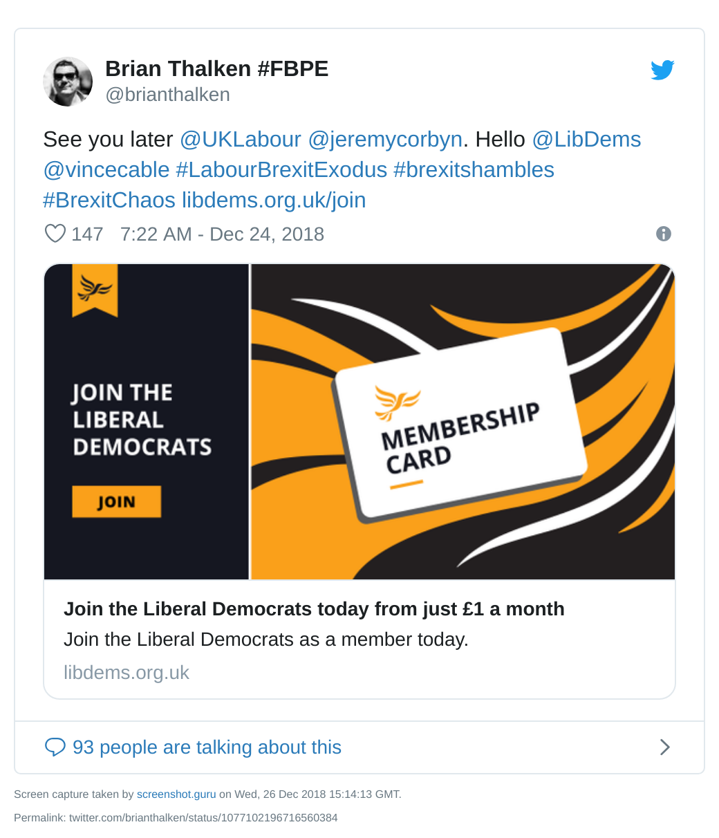 Brian Thalken tweet about joining the Lib Dems