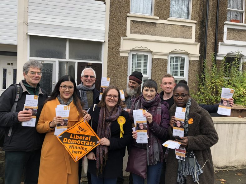 Elizabeth Payne with Caroline Pidgeon and other Liberal Democrats campaigning in West Green