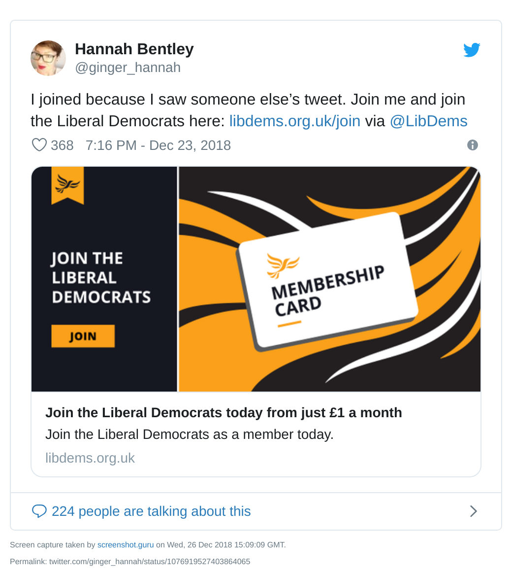 Hannah Bentley tweet about joining the Lib Dems