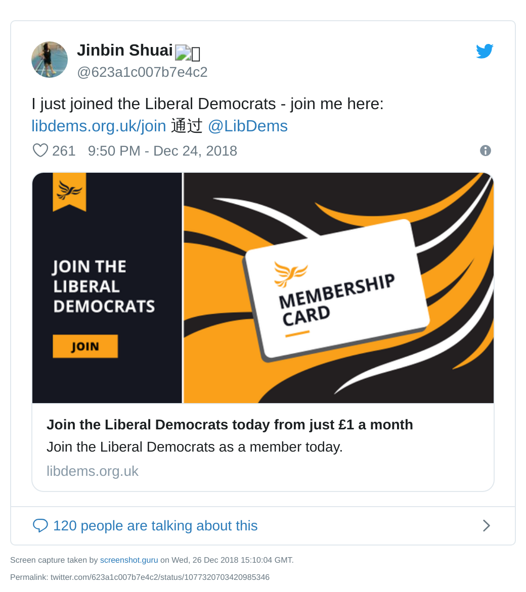 Jinbin Shuai tweet about joining the Lib Dems