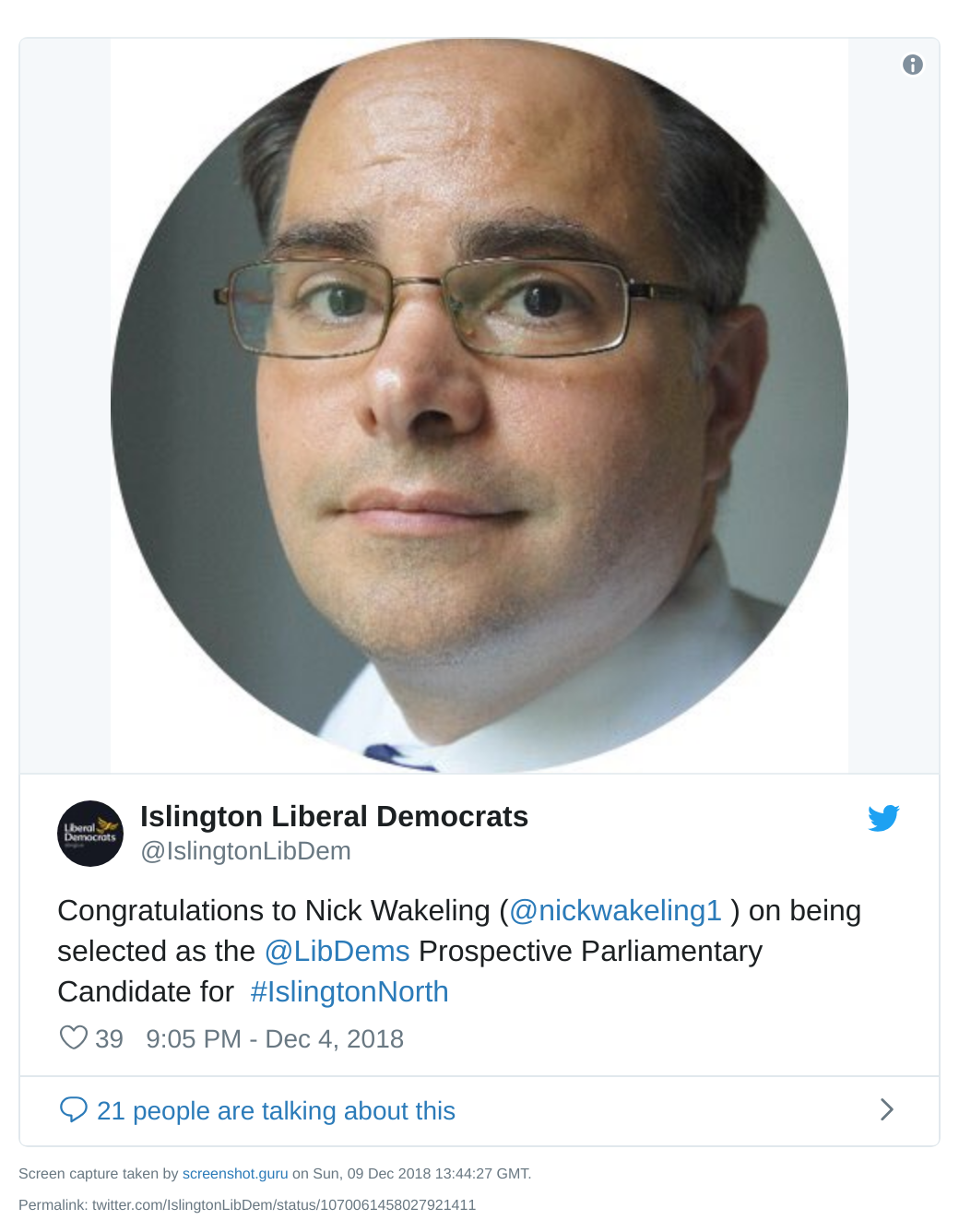 Nick Wakeling selected by Islington Lib Dems
