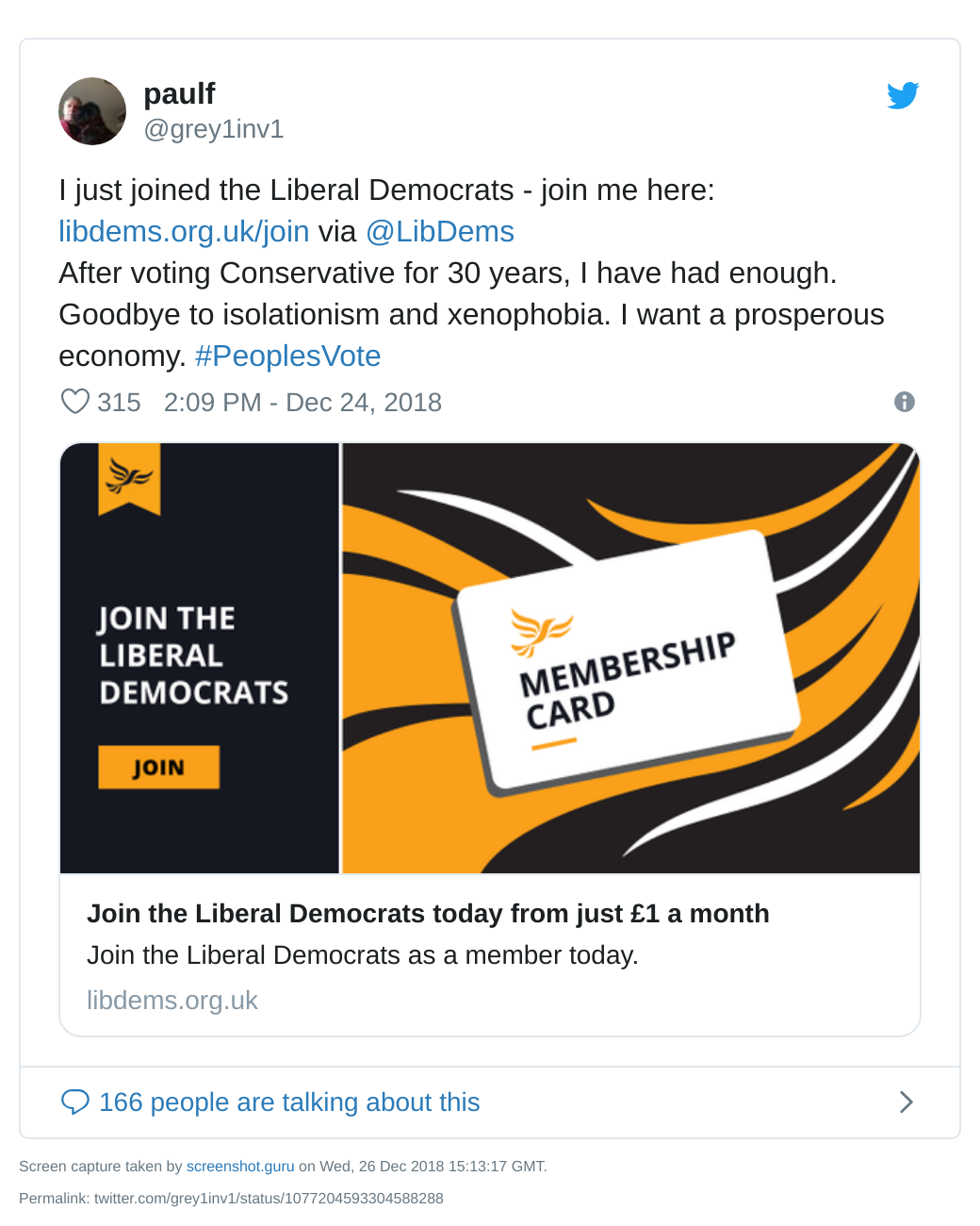 Tweet from Paul in Maidenhead about joining the Lib Dems