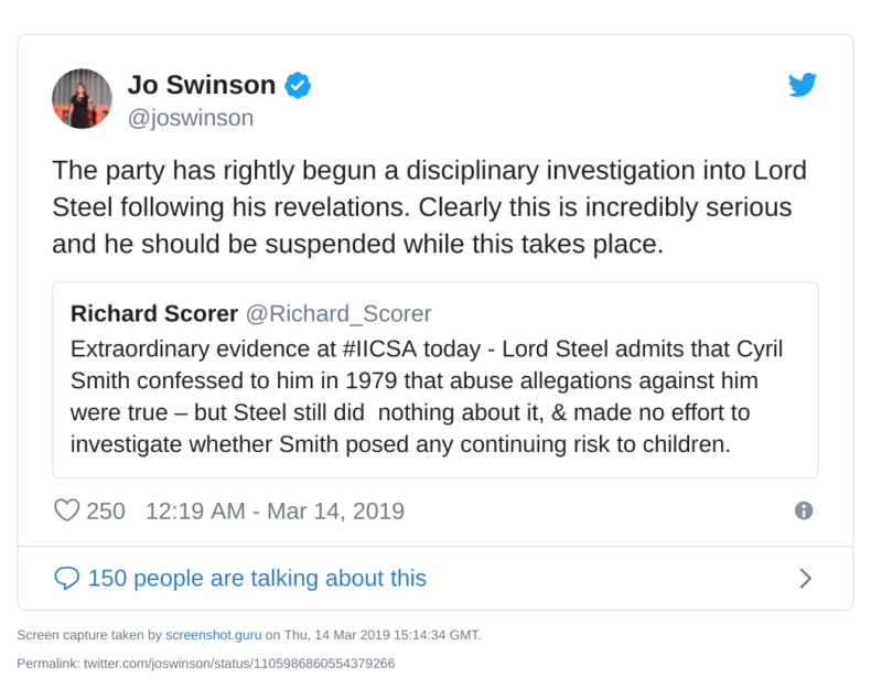 Jo Swinson - David Steel being investigated over Cyril Smith