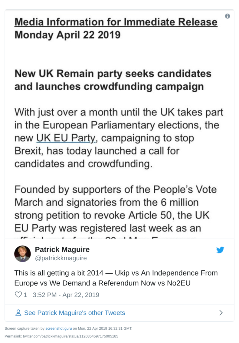 Patrick Maguire tweet with launch press release from the UK EU Party
