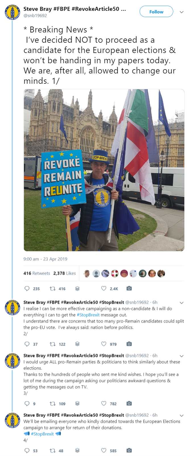 Steve Bray tweets about European Parliament election