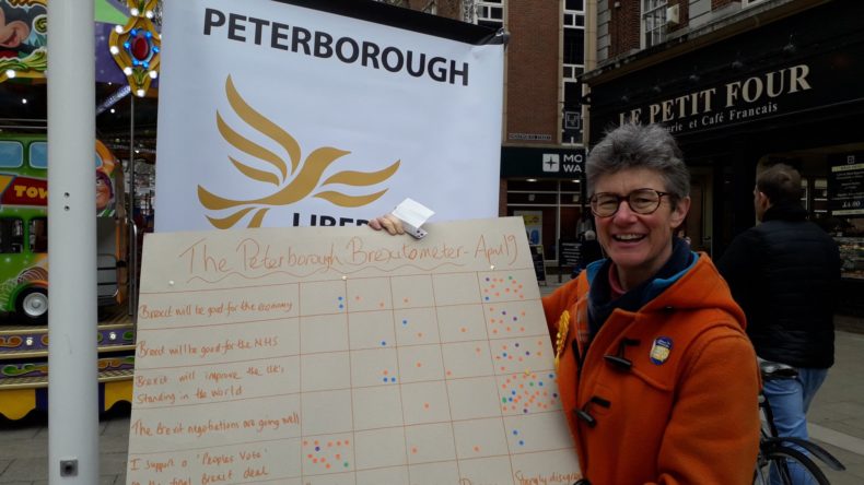 Beki Sellick campaigning in Peterborough with a Brexitometer - photo from her Twitter account