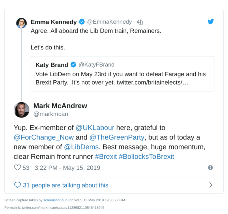 Emma Kennedy and Mark McAndrew tweet about voting Lib Dem in the Euros