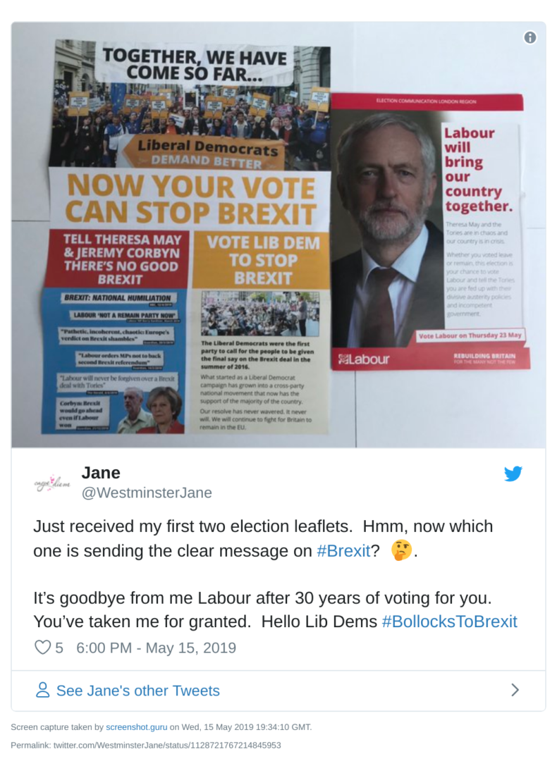Jane tweets about voting Lib Dem after 30 years voting Labour