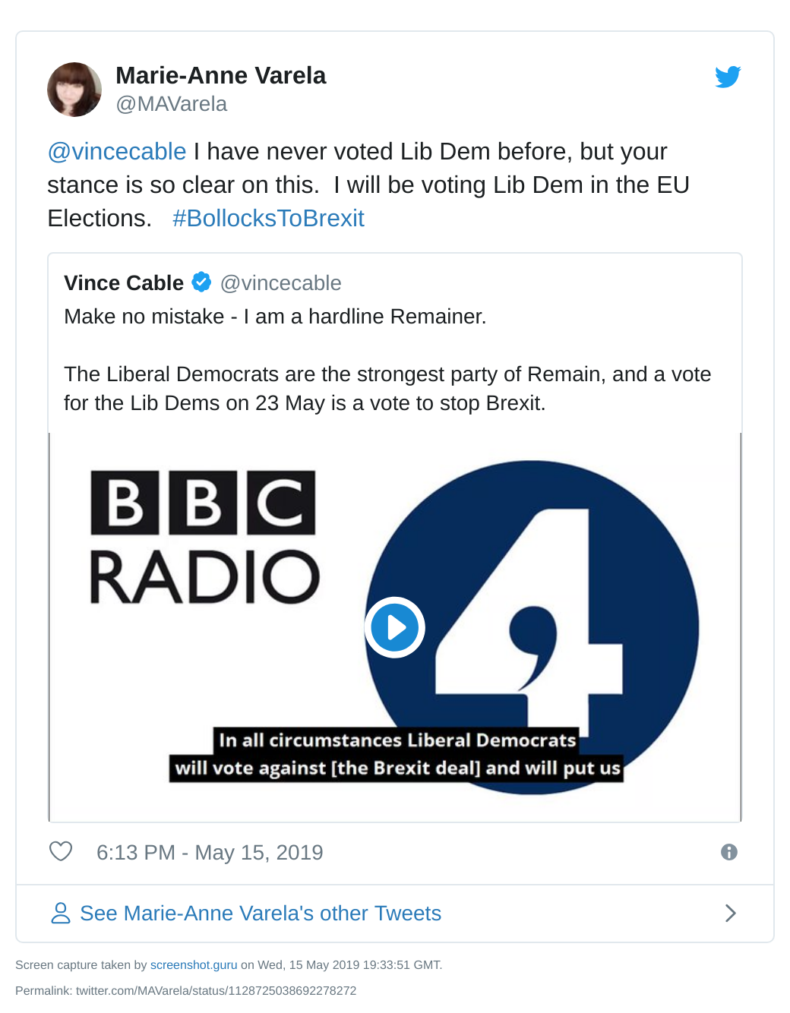 Marie-Anne Varela tweets about switching to the Lib Dems and praising Vince Cable