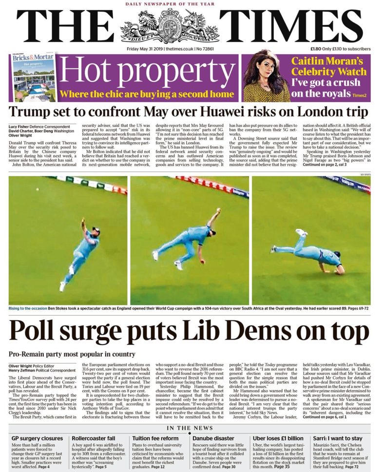 The Times front page with YouGov poll putting the Liberal Democrats first