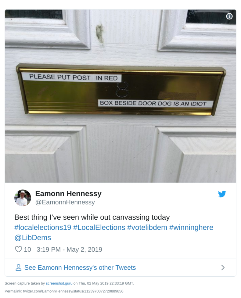 Warning sign about a dog spotted on letterbox during 2019 local election campaign