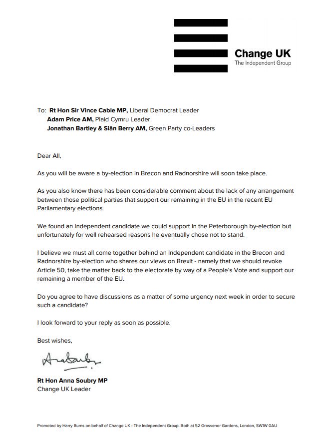 Anna Soubry letter about the Brecon and Radnorshire by-election