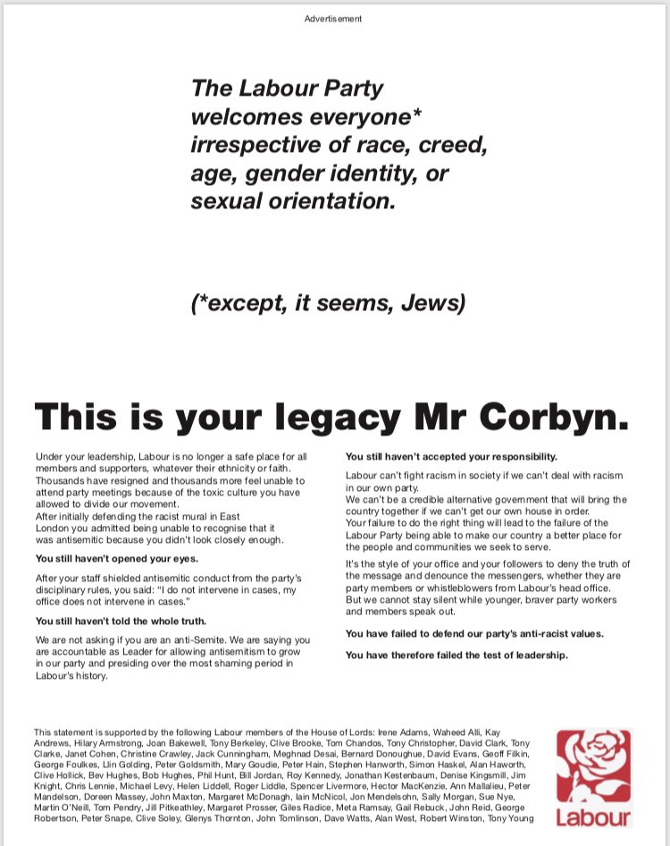 Advert from Labour Party peers about Jeremy Corbyn