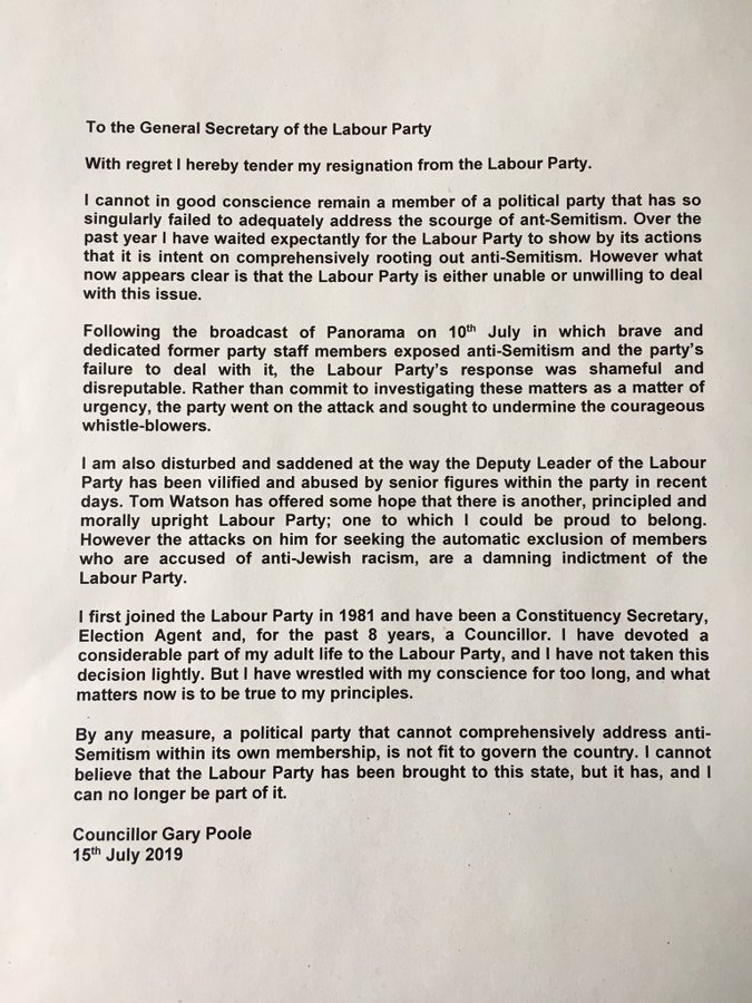 Cllr Gary Poole Labour Party resignation letter