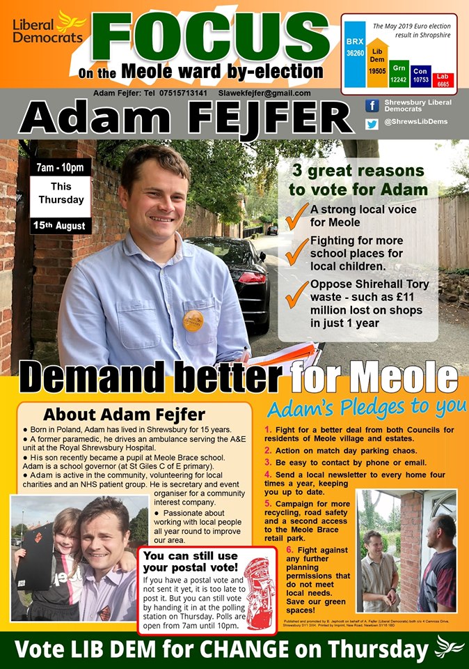 Adam Fejfer leaflet for Meole council by-election