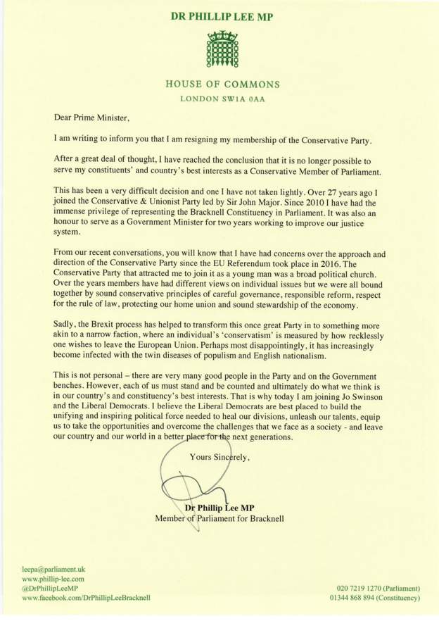 Phillip Lee resignation letter
