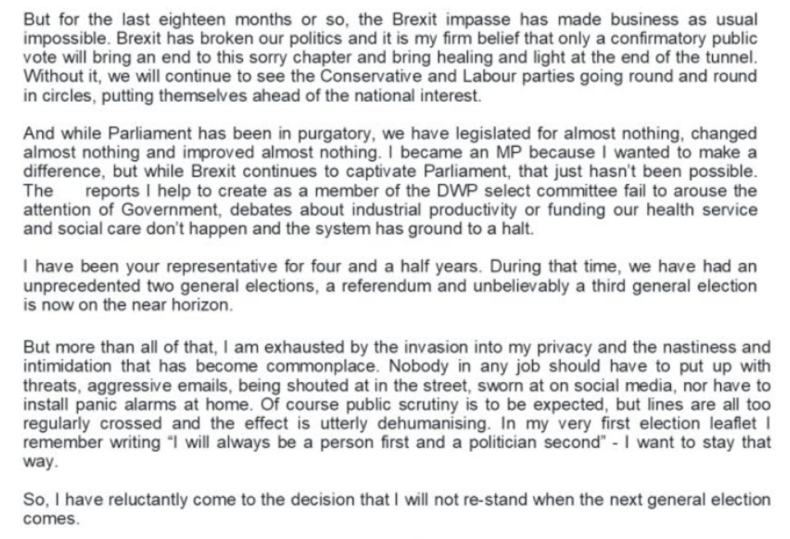 Heidi Allen letter explaining her reasons for standing down as an MP