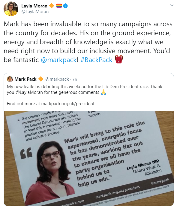 Layla Moran tweet backing Mark Pack