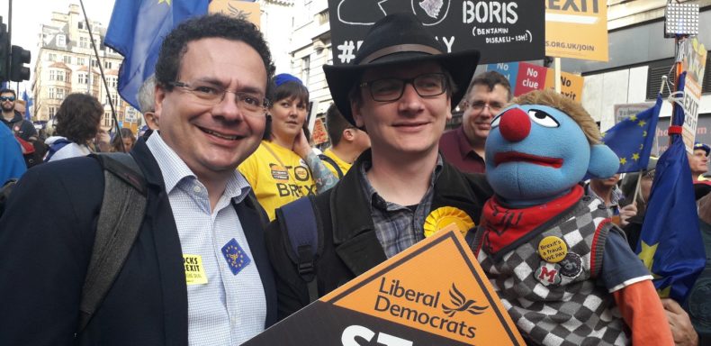 Mark Pack with a muppet on anti- Brexit march