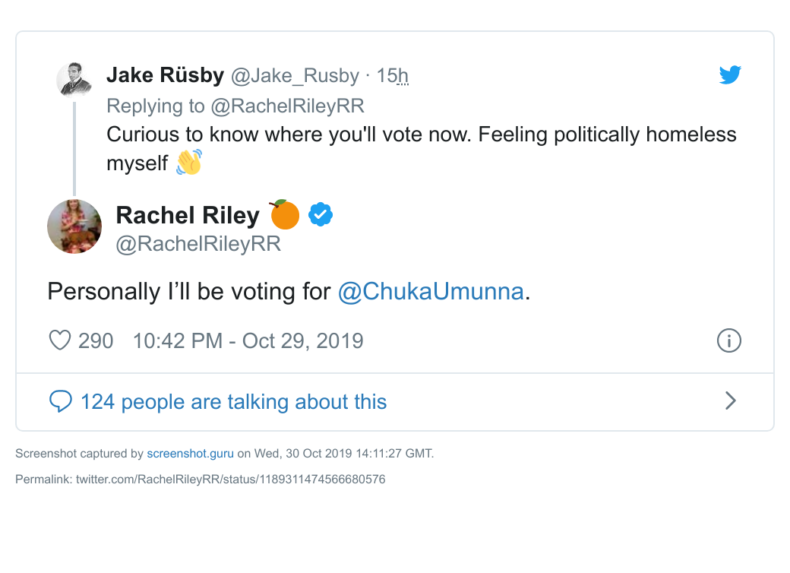 Rachel Riley tweet saying she will be voting for Chuka Umunna