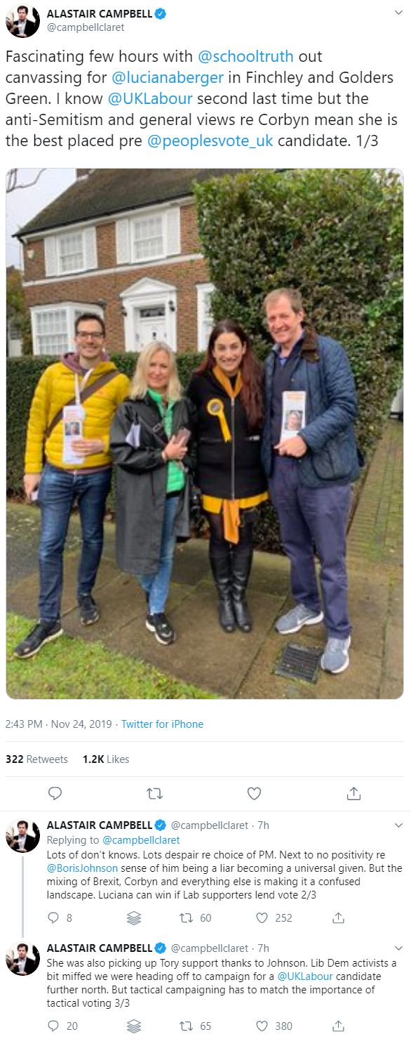 Alastair Campbell tweets about canvassing for Luciana Berger