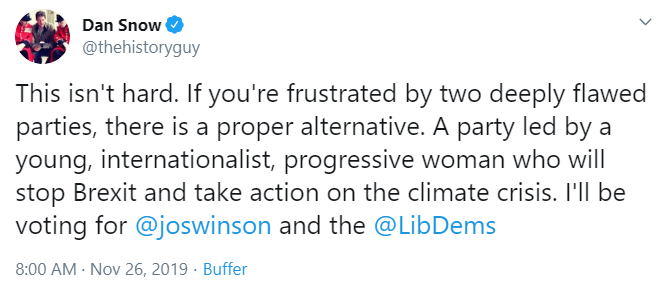 Dan Snow tweet about supporting Jo Swinson and the Liberal Democrats