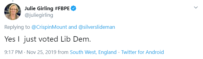 Julie Girling tweet confirming she has voted Liberal Democrat