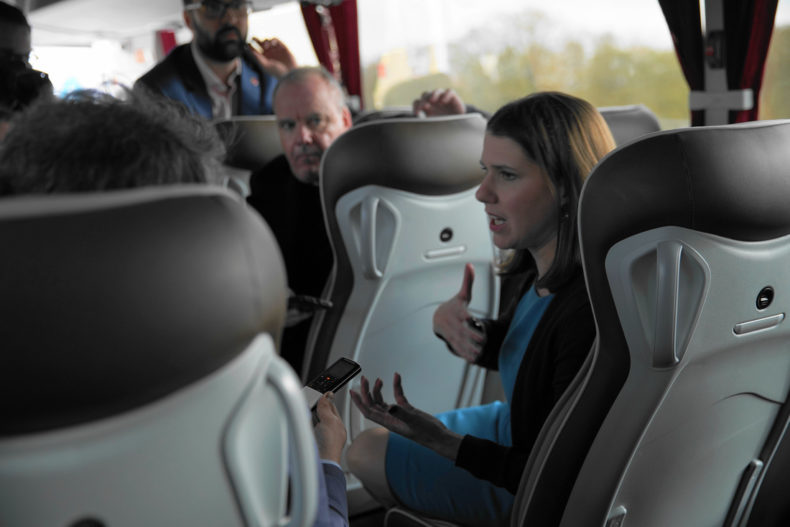 Jo Swinson being interviewed by the media on the Lib Dem general election bus- photo copyright John Russell johnrussell.zenfolio.com