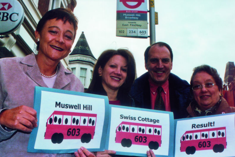 Sarah Ludford - Lynne Featherstone - Simon Hughes - Valerie Silbiger - celebrating successful trial of new bus route