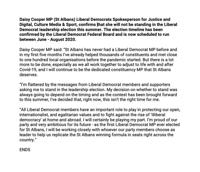 Daisy Cooper statement on Lib Dem leadership