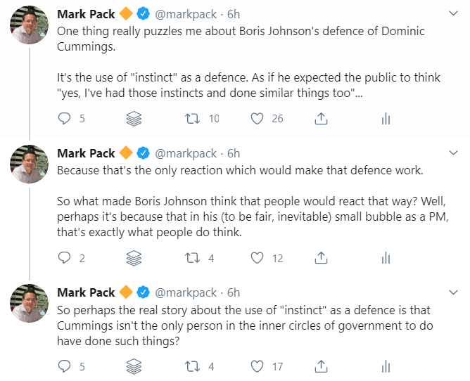 Mark Pack tweets about Boris Johnson's poor defence of Dominic Cummings