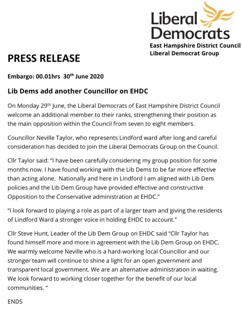 Cllr Neville Taylor joins Lib Dems - press statement