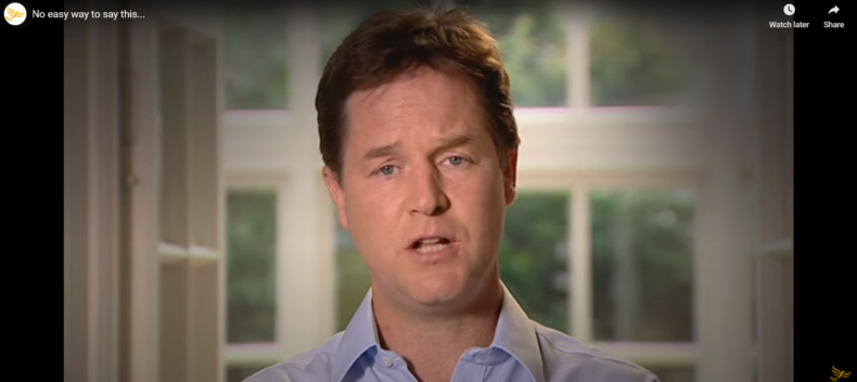 Nick Clegg speaking to camera and apolosing for tuition fees