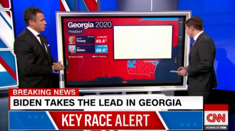 CNN screenshot showing Biden going into the lead in Georgia