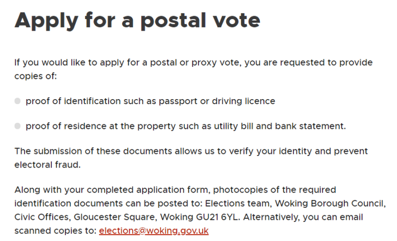 Woking Council postal vote screenshot