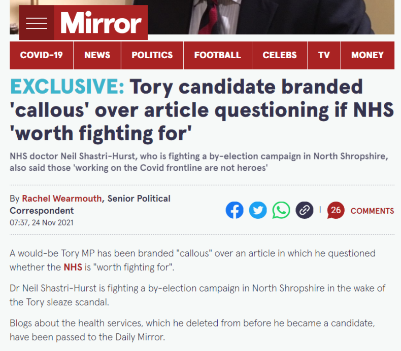 Neil Shastri-Hurst criticised NHS in now-deleted blog posts