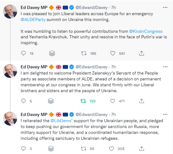 Ed Davey tweets on President Zelensky party joining ALDE
