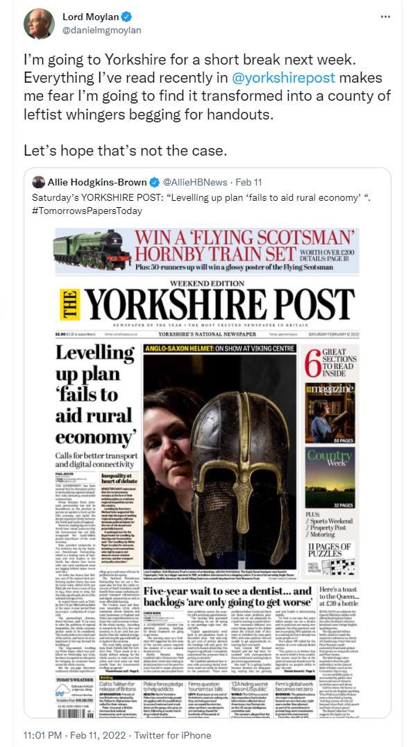 Lord Moylan tweet about Yorkshire