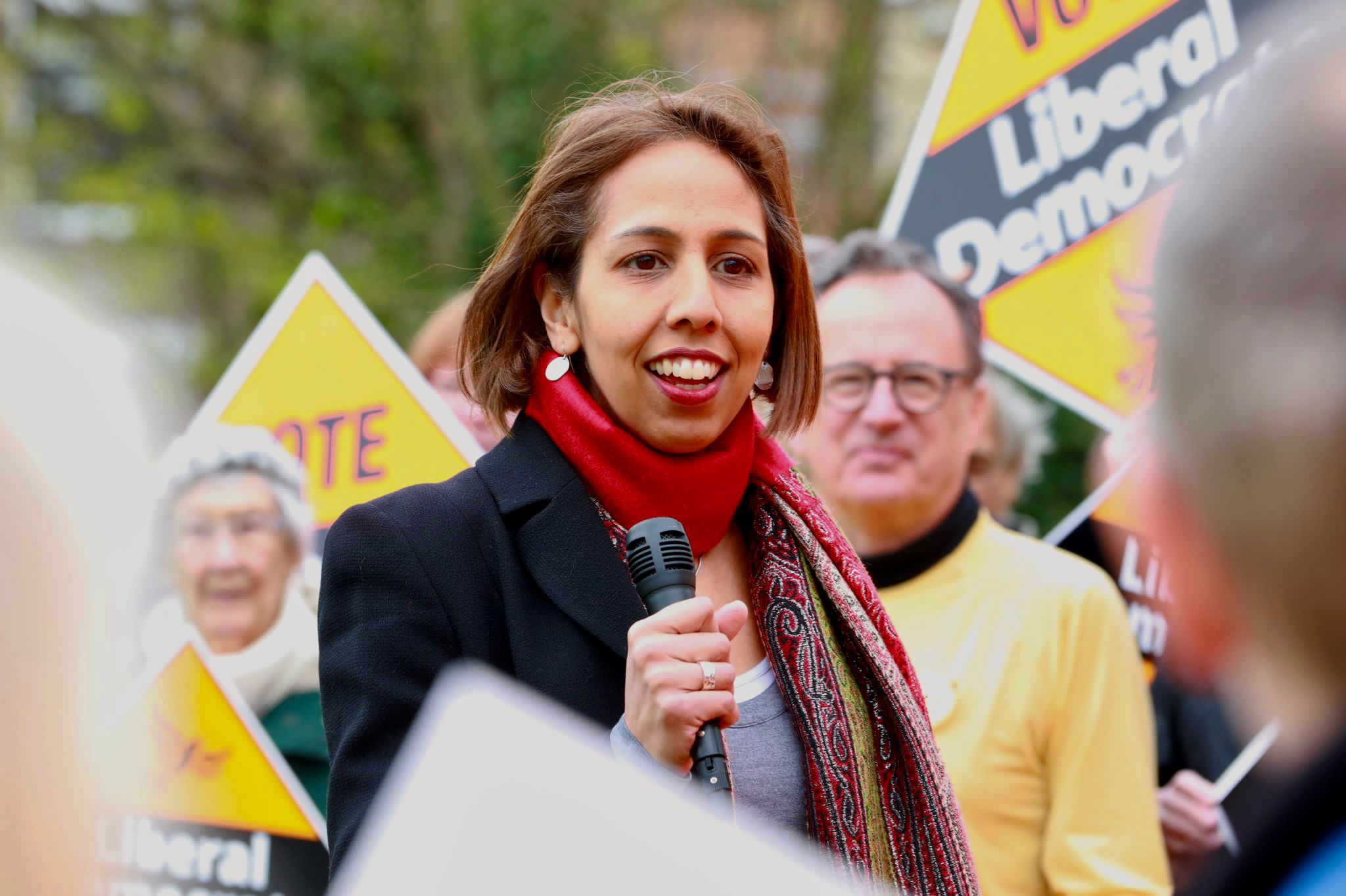 Munira Wilson speaking at Lib Dem local election campaign launch 2022 - photo courtesy of Liberal Democrats